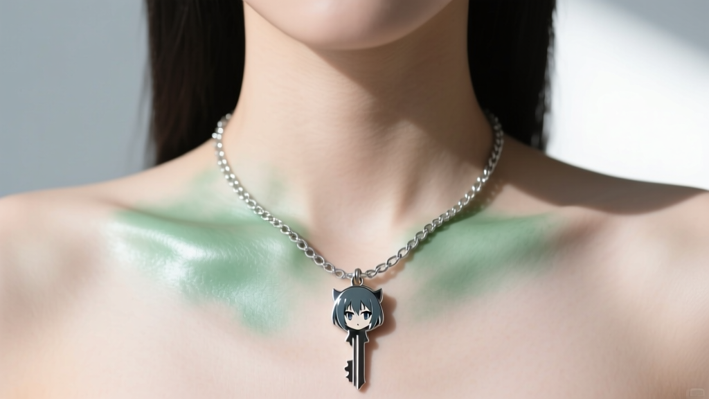 Skin showing green discoloration from a zinc alloy anime key necklace, contrasted with a bright polished sterling silver chain.