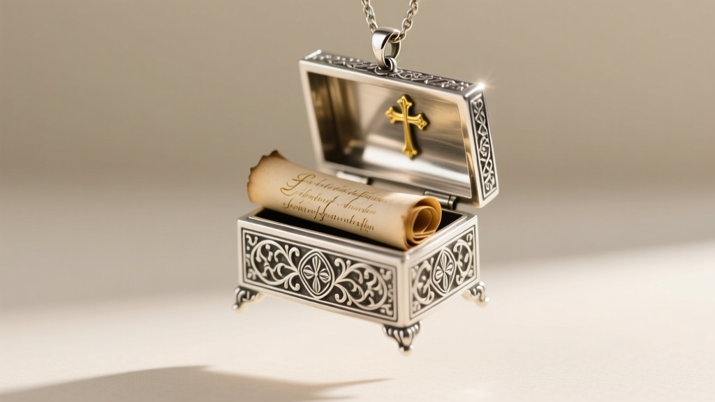 Open vintage sterling silver prayer box pendant showing a tightly rolled paper scroll inside, lit by soft, warm directional light.