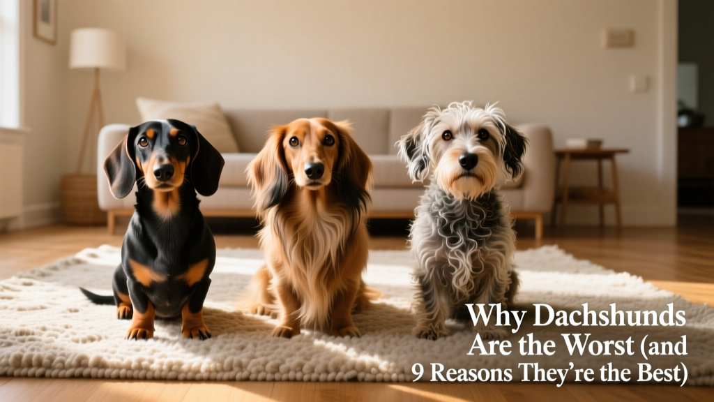 Three Dachshunds — smooth, long-haired, and wire-haired — sitting side by side on a sunlit rug, highlighting their different coat textures and charming expressions