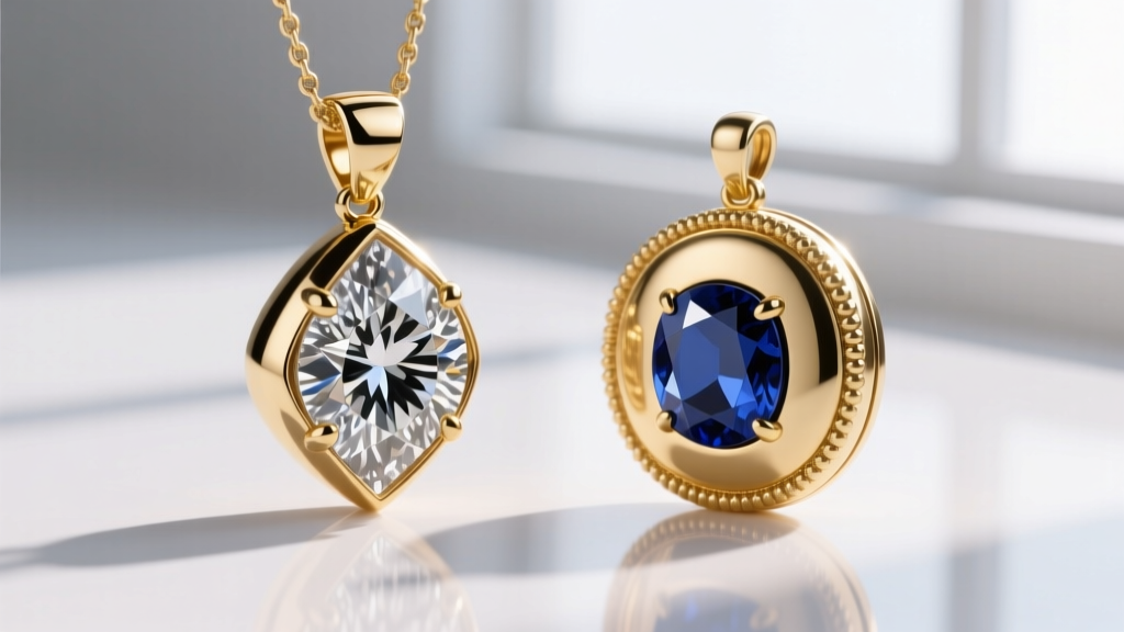 Macro photography comparing a 14k gold bezel-set salt-and-pepper diamond pendant next to an 18k gold milgrain sapphire locket