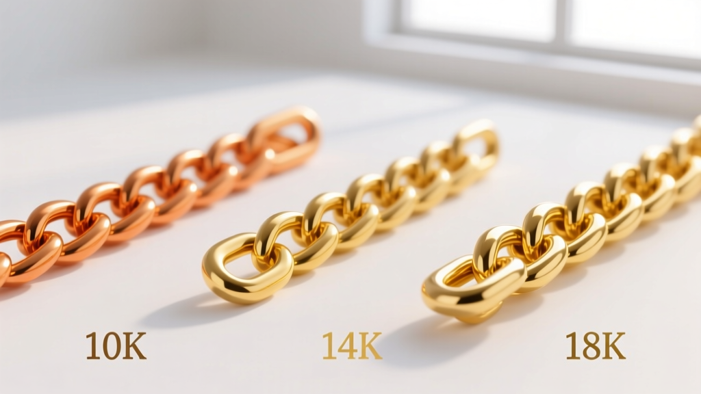 Side-by-side macro comparison of 10K, 14K, and 18K gold chain links, showing subtle color differences in yellow gold alloys.