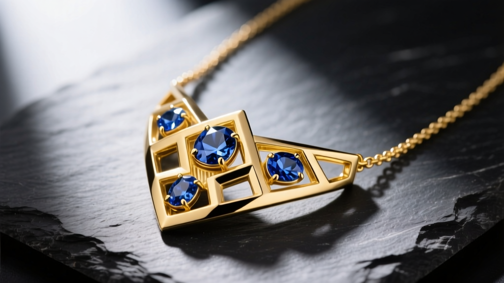 18k yellow gold Lana Blake sculptural pendant necklace resting on dark slate, highlighting raw sapphire inclusions and bezel