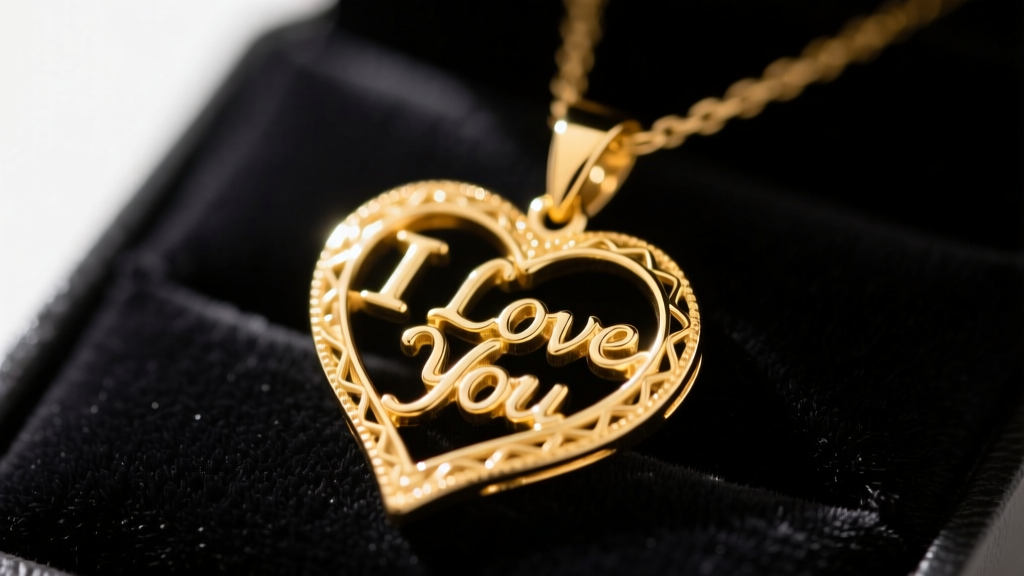 Macro photography of a polished 14k yellow gold I love you pendant resting on dark velvet, highlighting intricate casting details.