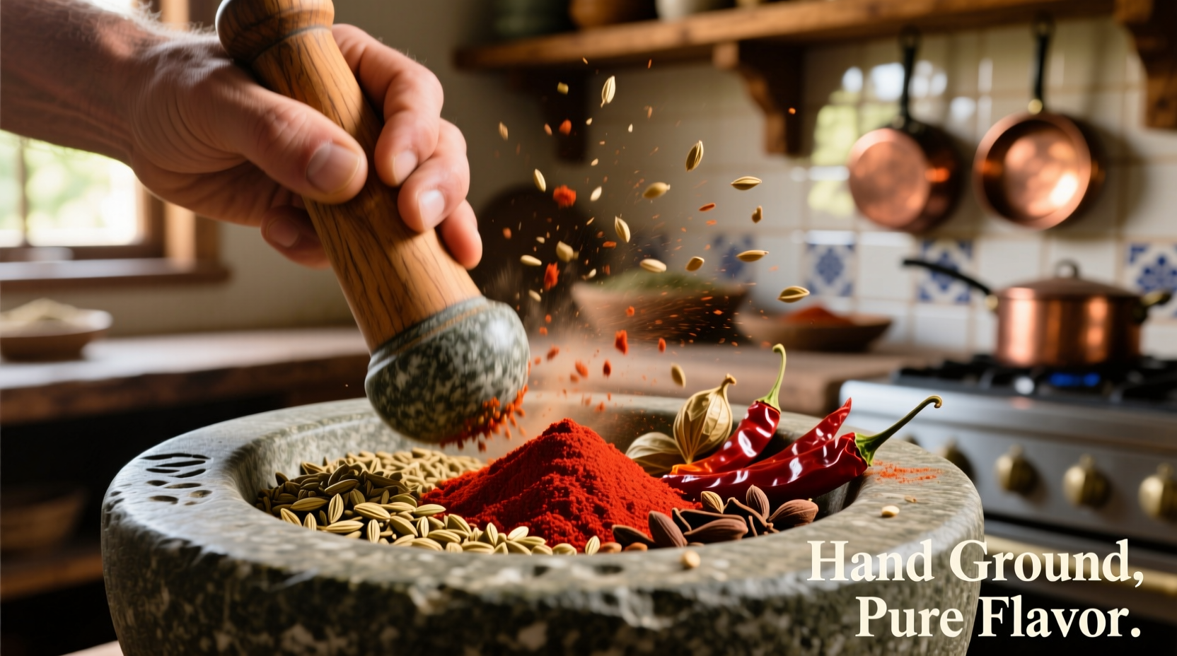 Mano moler especias enteras para chile en mortero y maja