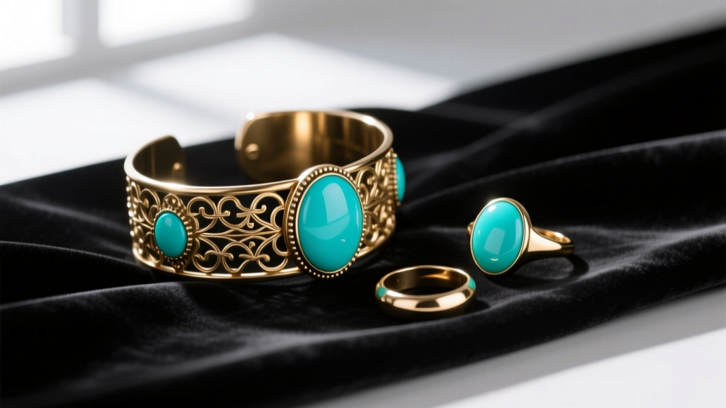 Vintage turquoise costume brass cuff and resin cabochon rings resting on dark velvet cloth under soft directional lighting