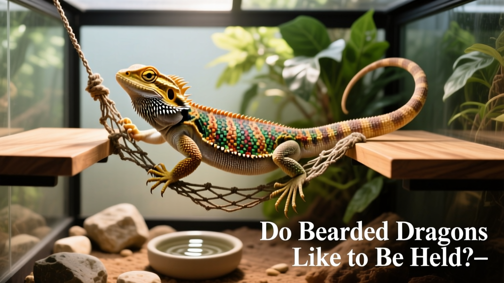 A bearded dragon confidently climbing a mesh net suspended between two basking platforms in a well-lit terrarium