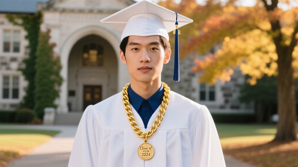 Graduate in a cap and gown wearing a 14k yellow gold Cuban link chain and coin pendant against a softly blurred campus background.