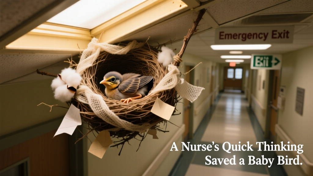 Overhead view of a makeshift nest built into the ceiling of a hospital walkway, with nesting materials visible