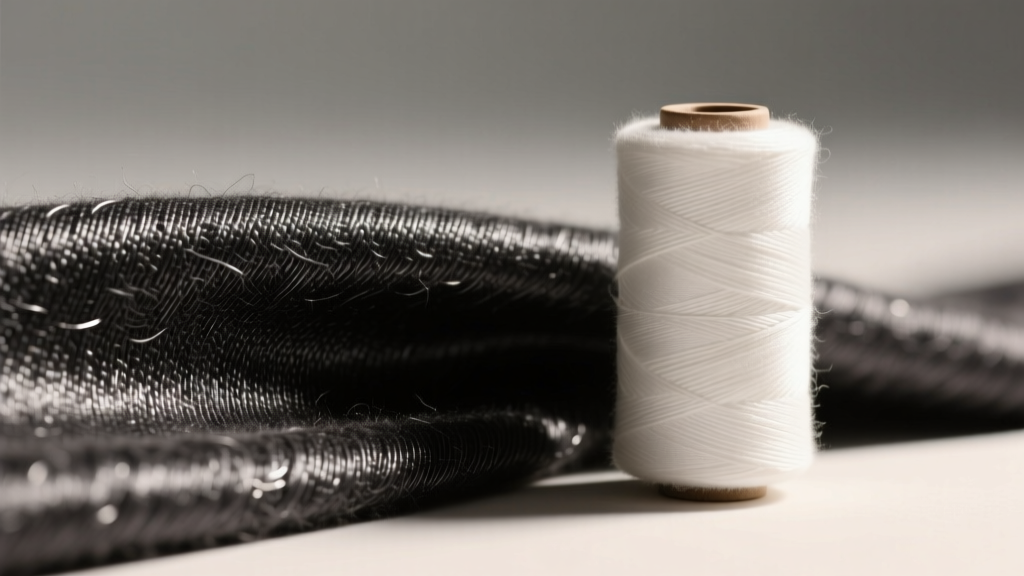 Macro shot of charcoal anti-tarnish fabric texture beside a cotton thread spool under warm, directional studio lighting.