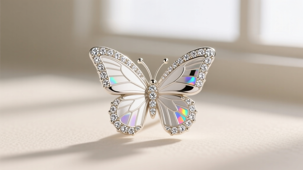 Macro photography of a 14k white gold butterfly pendant featuring micro-pave diamonds, highlighting intricate facet reflections.