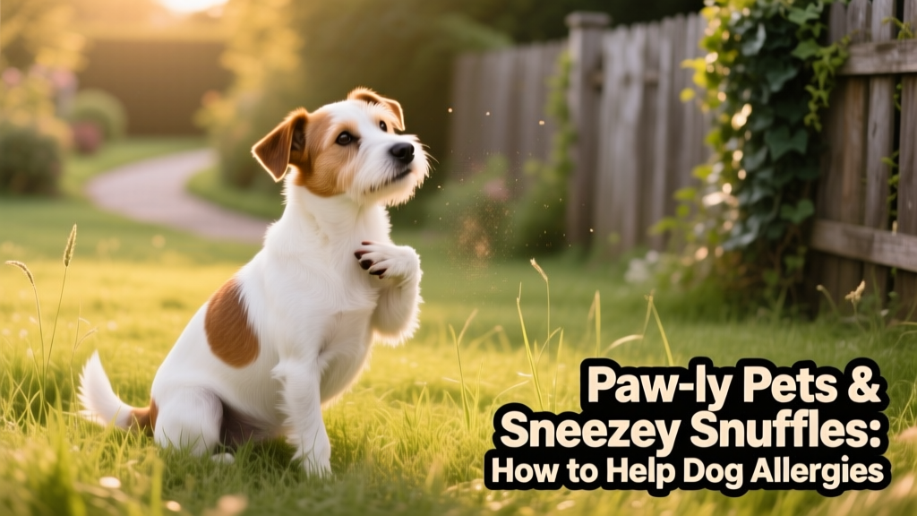 a white and brown dog sitting in a grassy field, scratching its neck with a hind paw