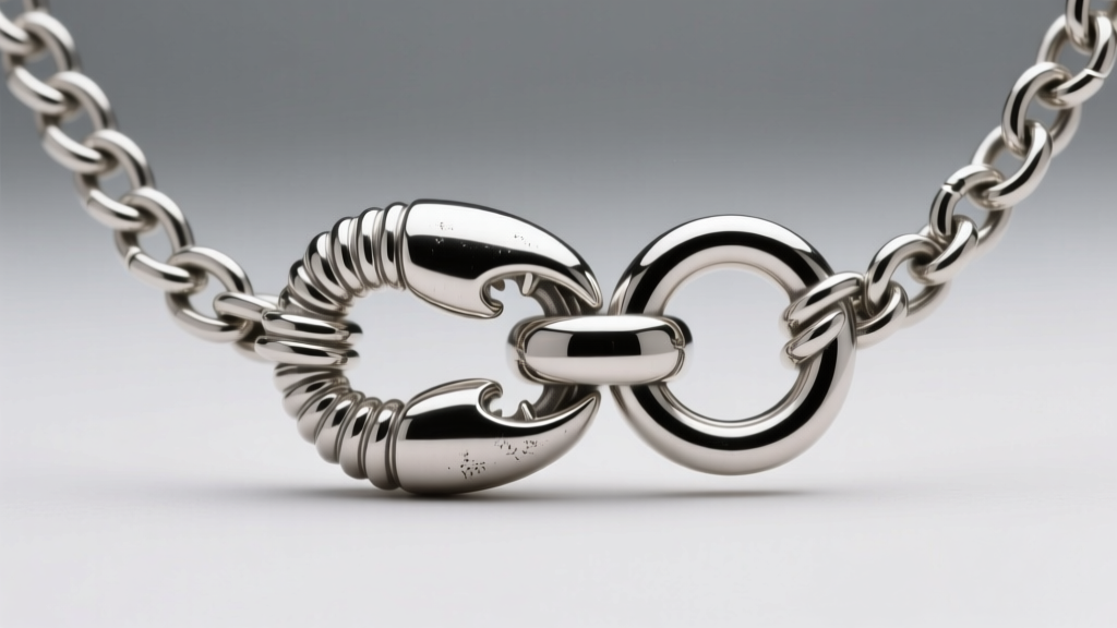 Close-up of a heavy sterling silver lobster clasp securely attached to a soldered jump ring on a thick rolo chain link necklace.