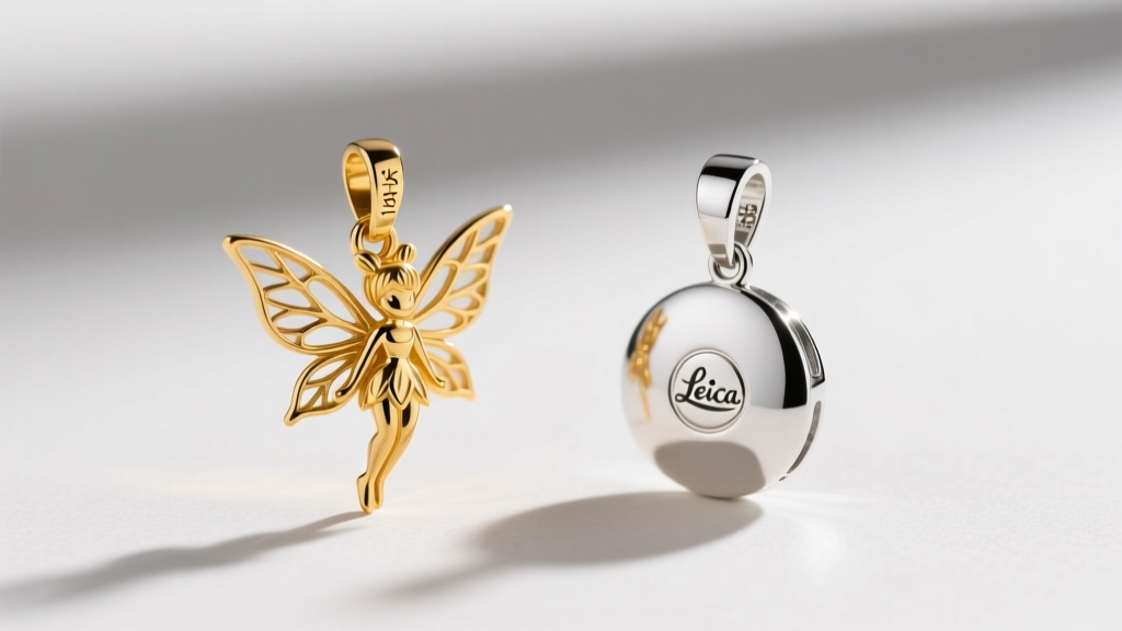 Macro comparison of a 14k gold vermeil Tinkerbell pendant and a rhodium-plated silver version, highlighting the metal hallmarks.