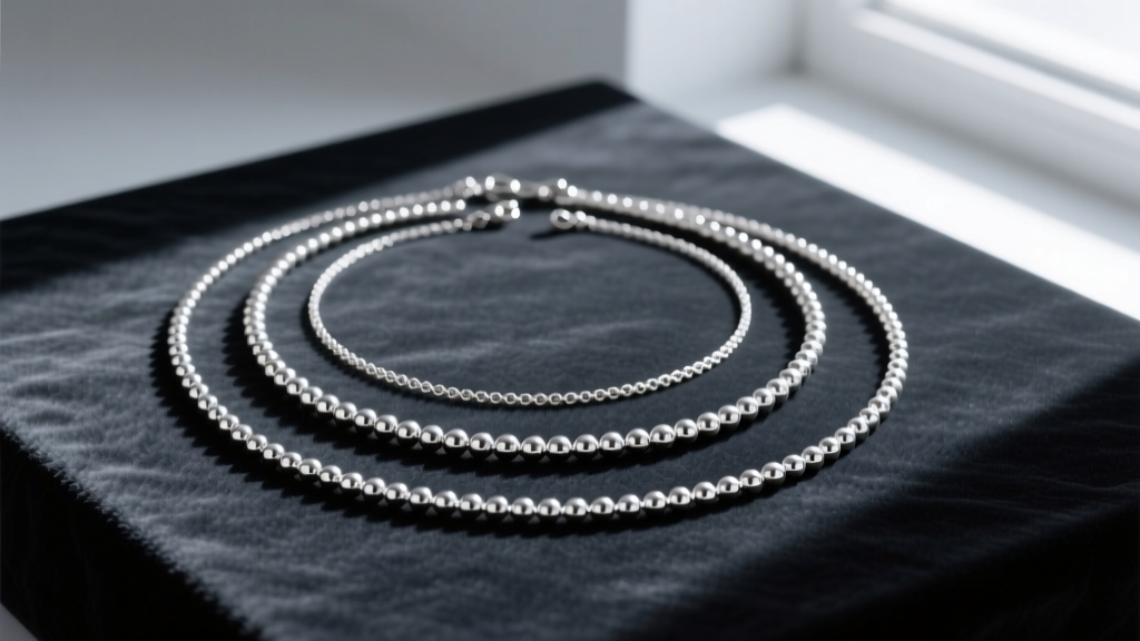 Flat-lay of three layered silver necklaces with silver beads in varying lengths of 16, 18, and 20 inches on dark velvet fabric.
