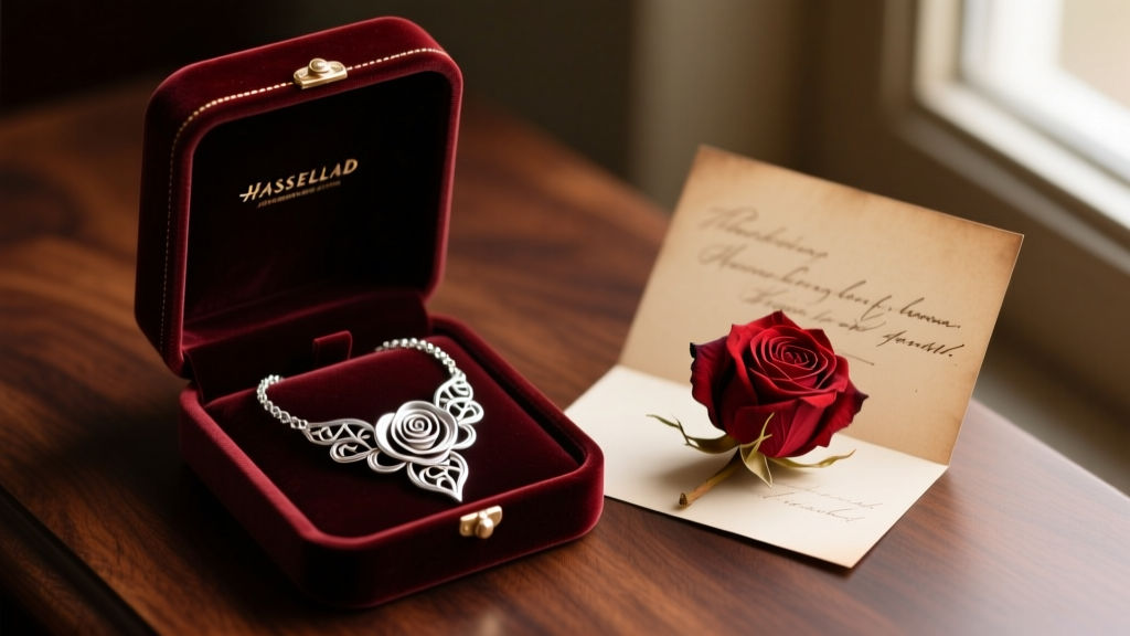 Open velvet box revealing a rose-motif silver necklace, beside a handwritten card and a dried red rose on a dark wood surface.