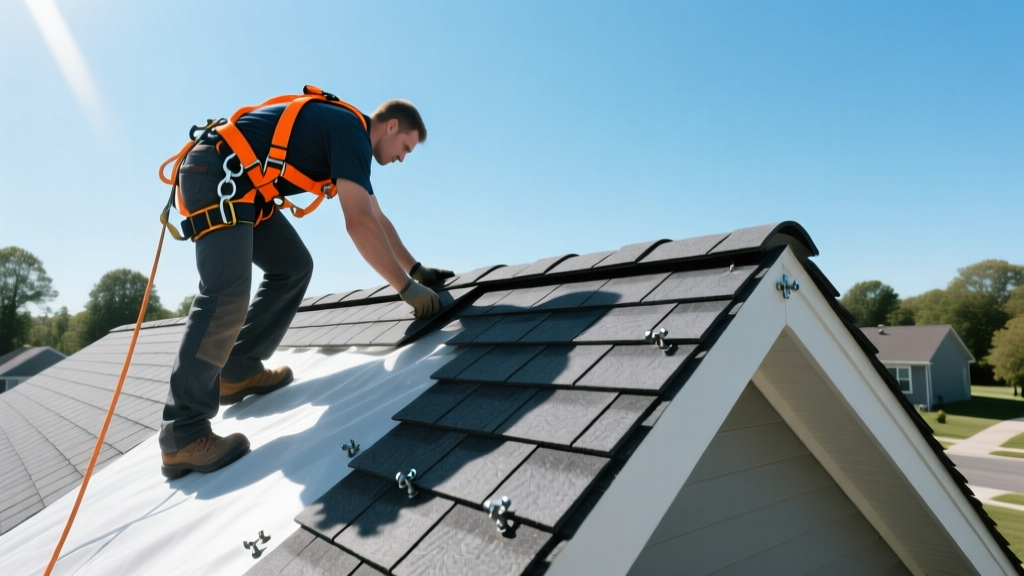 Roofer in safety harness aligning dark gray composite slate shingles on a steep residential roof deck with synthetic underlayment visible
