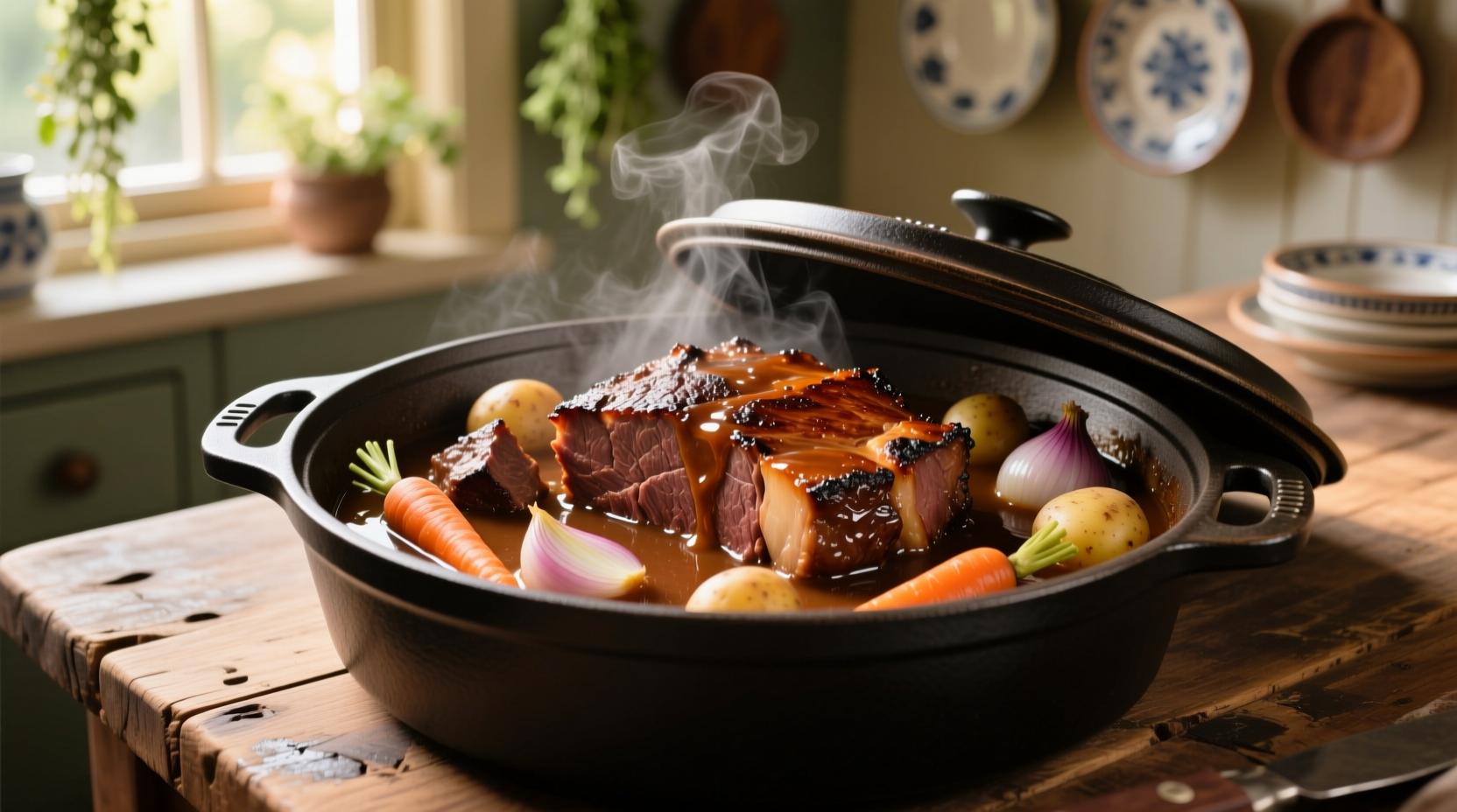 Perfectly seared pot roast with vegetables in Dutch oven