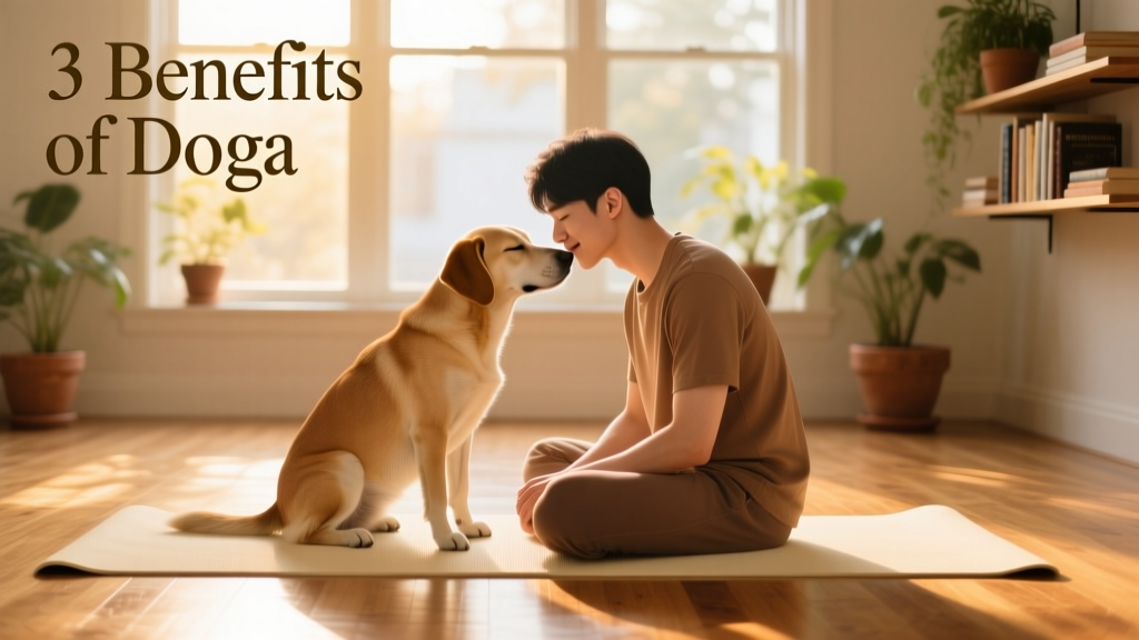 A person and their dog seated side-by-side on yoga mats, gently touching foreheads in a calm, sunlit room