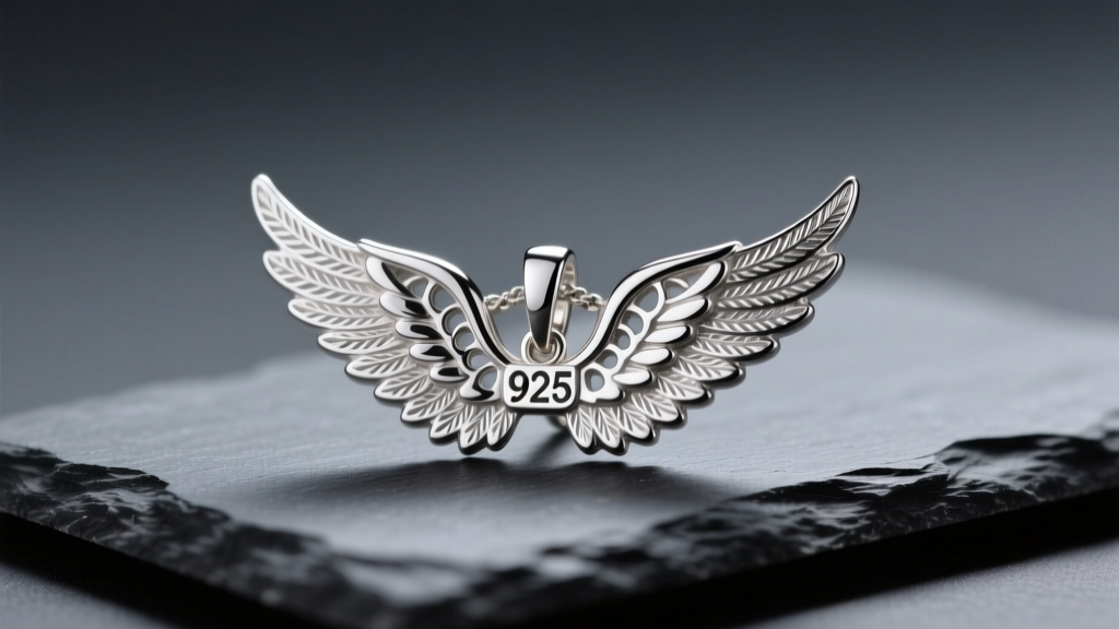 Close-up of a polished 925 sterling silver angel wings pendant resting on a dark slate surface, reflecting soft studio lighting.