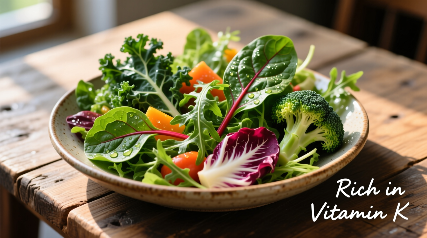 Colorful plate of leafy greens and vegetables rich in vitamin K