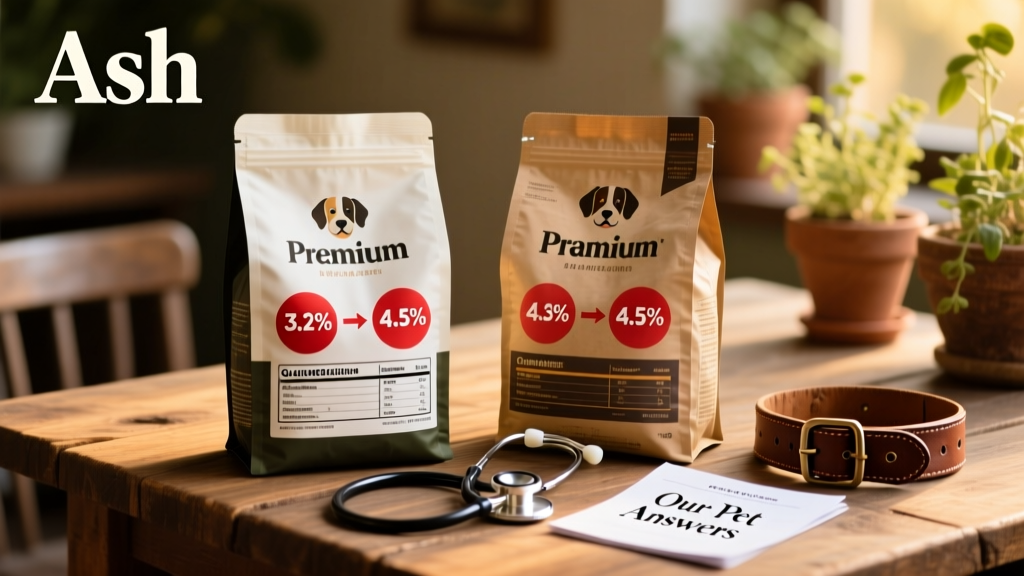 Side-by-side comparison of two dog food bags with highlighted 'Ash' values on their guaranteed analysis panels