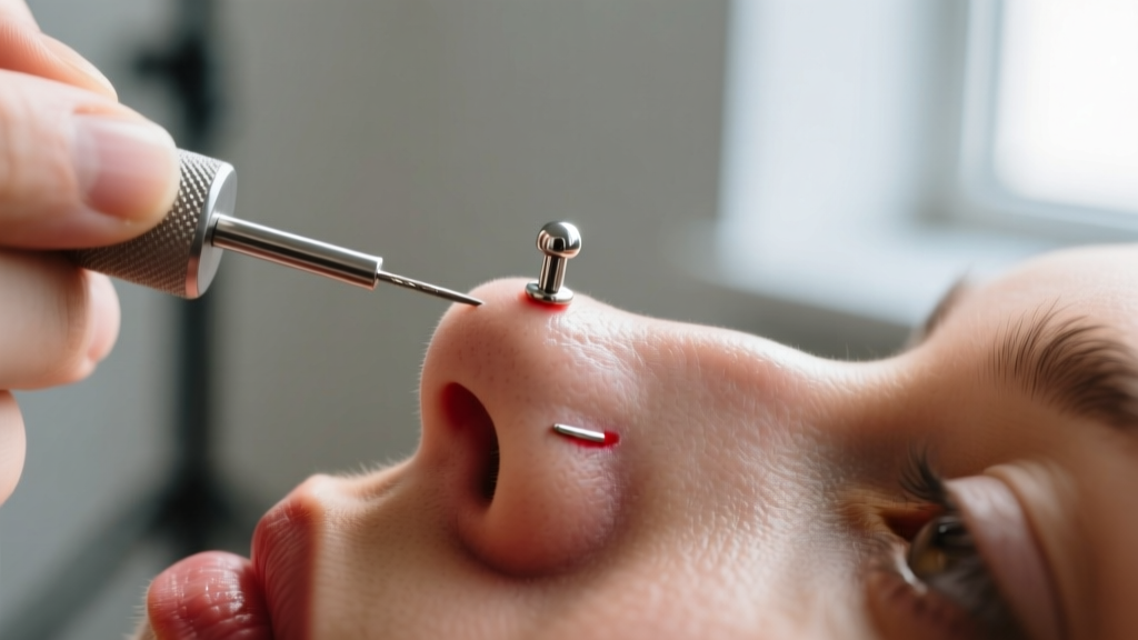Close-up of a piercer cleaning a 16-gauge titanium stud on a patient's upper ear cartilage in a bright studio