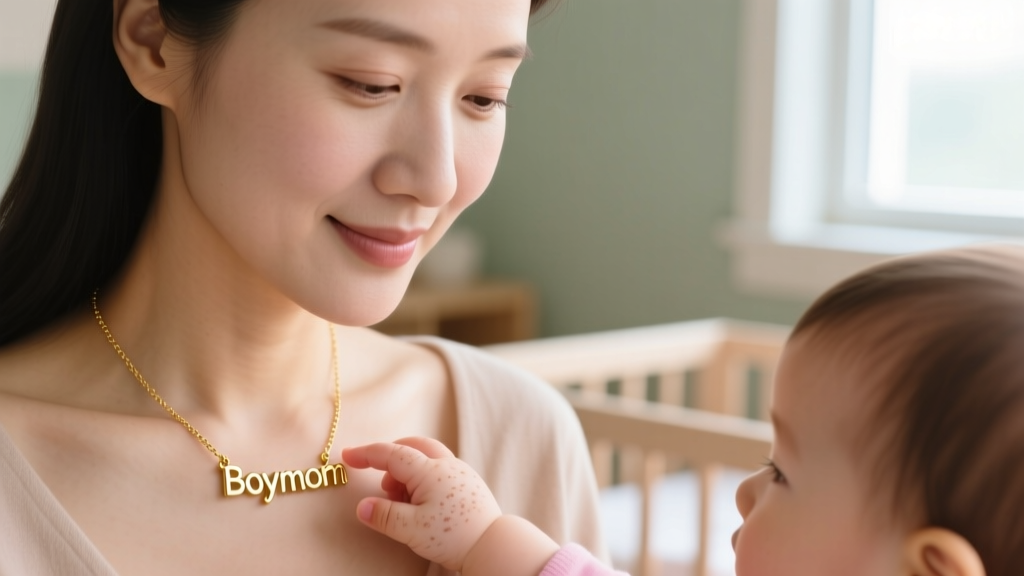 Close-up of a mother wearing a 14k gold initial boymom necklace, softly lit, with a toddler hand gently reaching for the pendant.