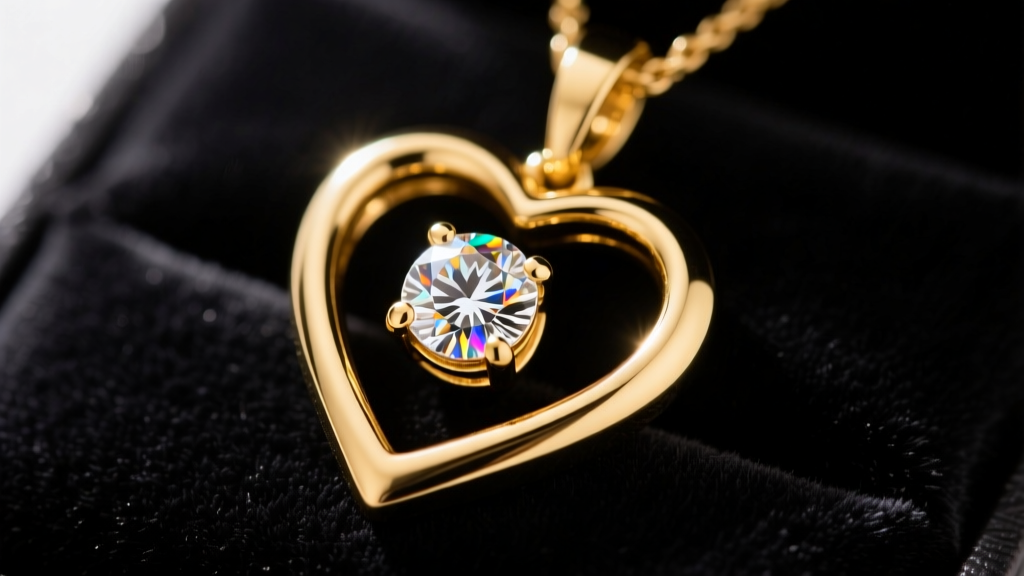 Close-up of an 18k yellow gold heart pendant with a bezel-set round brilliant diamond in the center, resting on dark velvet.