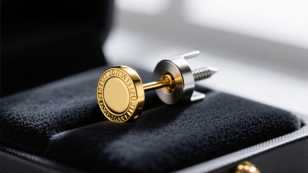 Macro shot of a 20-gauge gold post earring sliding into a surgical steel screw-back clip-on adapter resting on a dark velvet pad.
