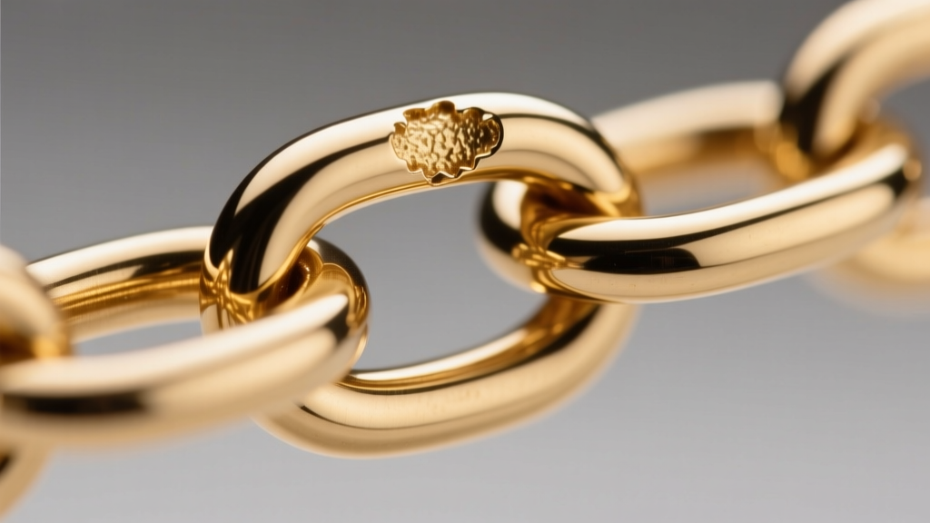 Close-up of a jewelry chain link joint, revealing an unsoldered seam and thin gold electroplating over a polished brass base metal.