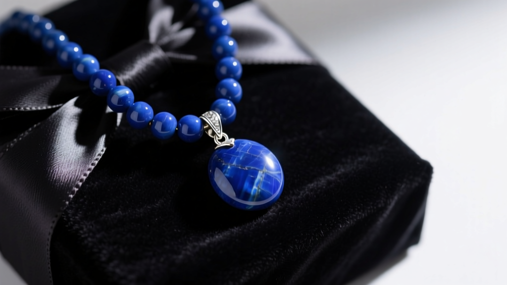 Hand holding a lapis lazuli beaded necklace pendant with a silver bail, resting on dark velvet gift wrapping in soft studio light