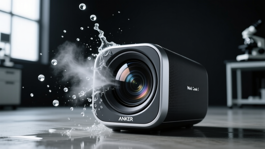 Close-up of an Anker Nebula Capsule 3 projector lens being sprayed with fine water mist during an IPX4 ingress protection durability test in a dark lab