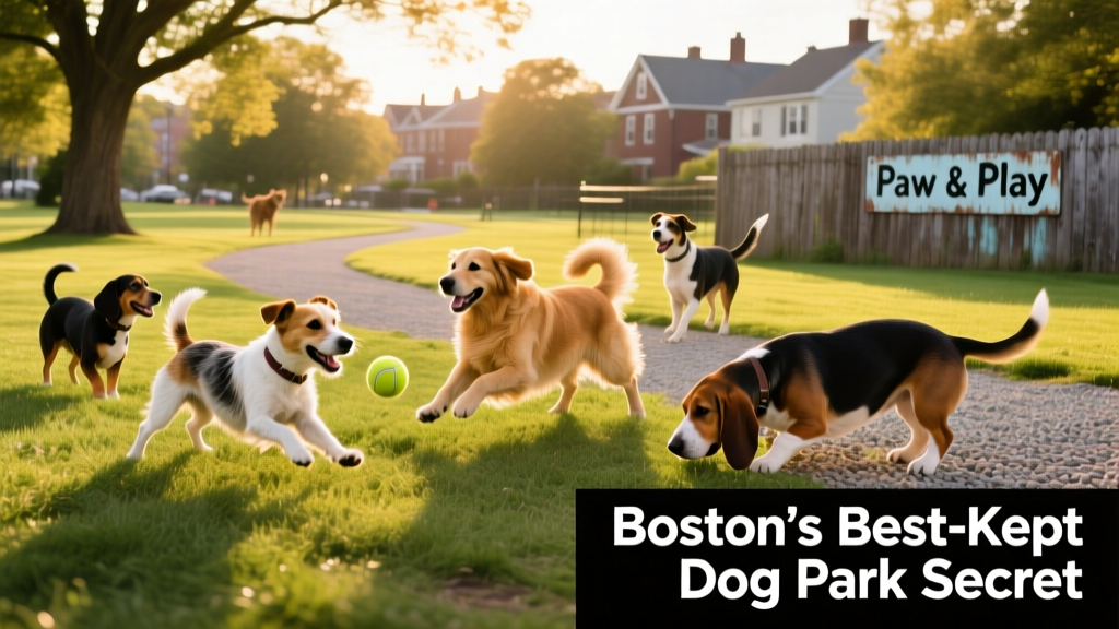 A lively group of dogs playing together in a spacious, well-maintained dog park
