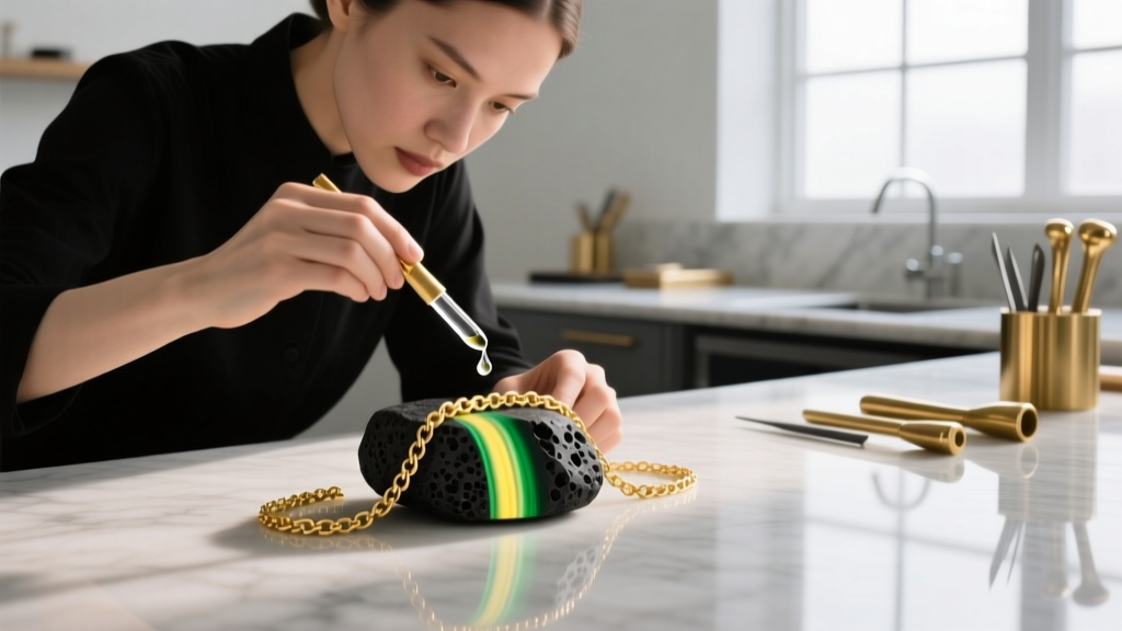 Jeweler performing an acid test on a gold chain, applying nitric acid to a black testing stone to show visible color streaks.