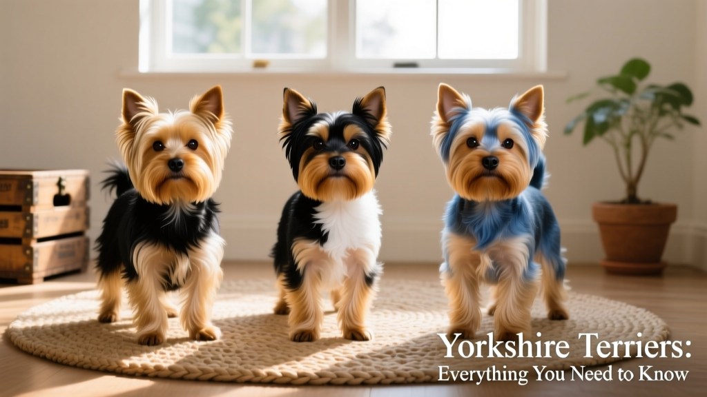 Side-by-side comparison showing distinct coat colors and textures among several Yorkshire Terriers: classic black-and-gold, parti-colored, and blue-and-gold