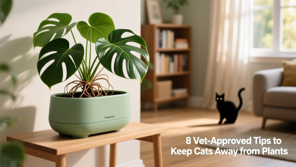 A sleek, modern FurPetVo GreenGuard planter holding a healthy monstera, positioned on a sturdy shelf away from jumping zones