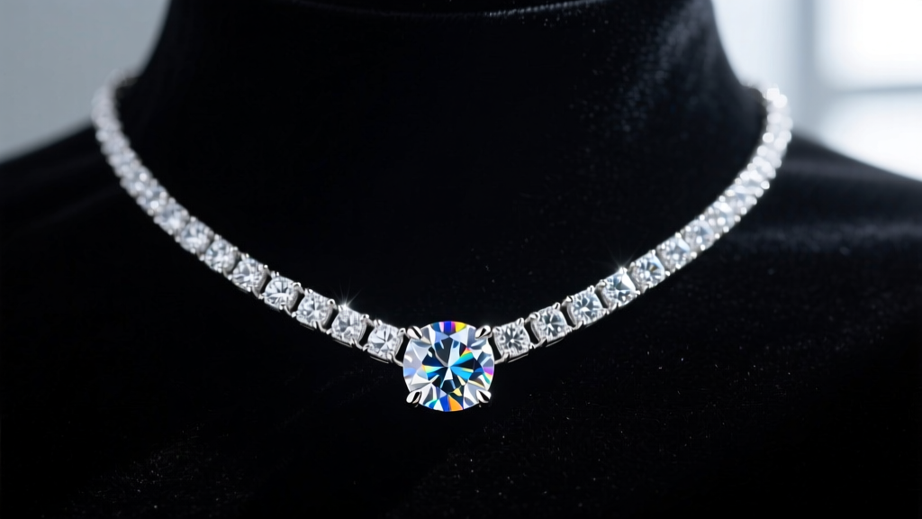 Macro shot of micro-pave CZ and prong-set moissanite ice chain necklaces catching spotlight reflections on a dark velvet display