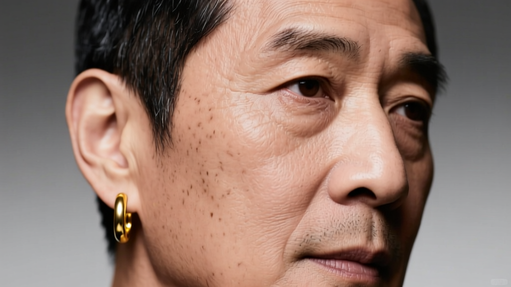 Close-up portrait of a man wearing a minimalist 12mm 14k yellow gold hoop earring in his left lobe, studio lighting, sharp focus