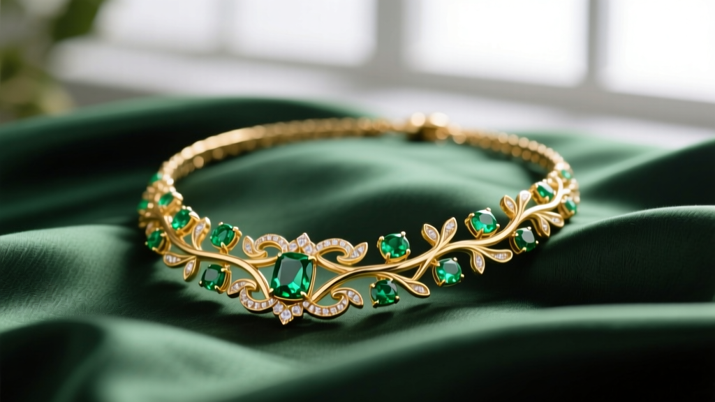 Macro shot of an 18k gold emerald necklace with a vine-wrapped botanical park motif resting on dark moss-green silk fabric.