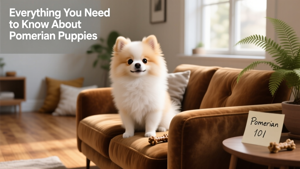 A playful Pomeranian puppy sitting on a cozy sofa, looking alert and curious