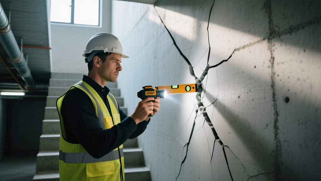 Structural engineer inspecting a diagonal stair-step crack in a poured concrete basement wall with a laser level and flashlight.