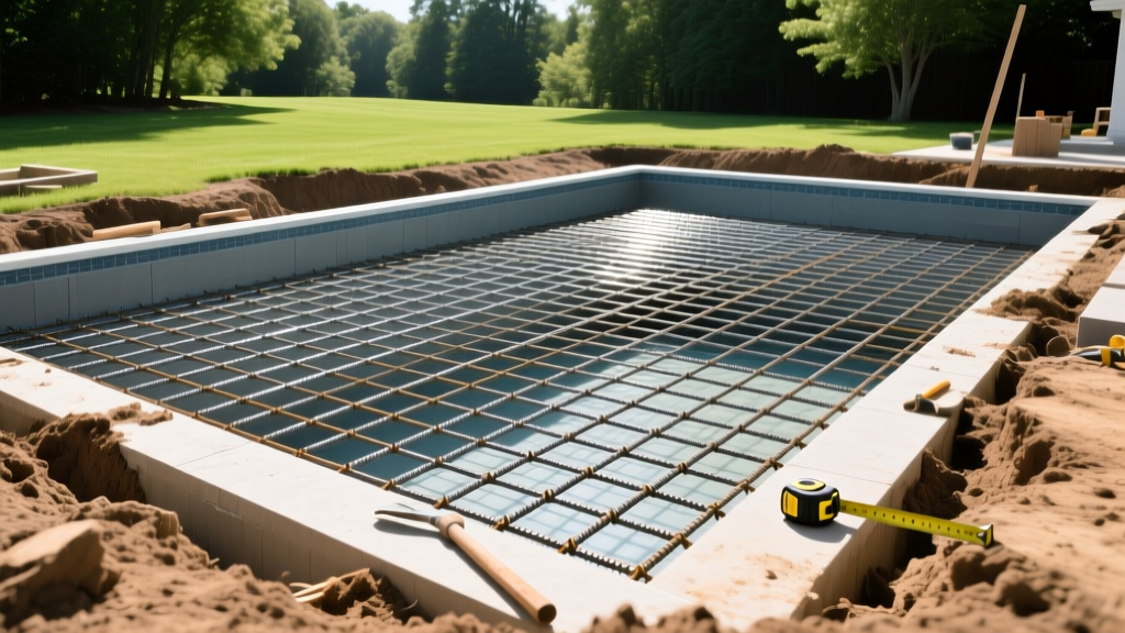 Backyard excavation site with steel rebar grid laid out for a custom shotcrete inground swimming pool under bright sunlight