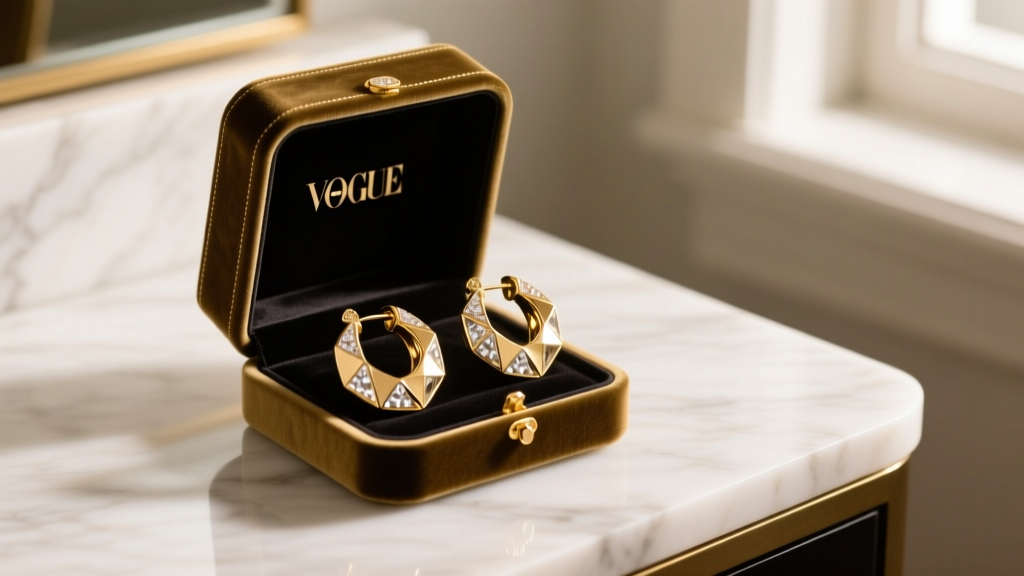 Open velvet box on marble vanity revealing 70mm gold vermeil large rhinestone hoop earrings catching warm ambient light