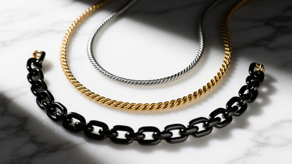 Top-down flat lay of three necklace tiers on marble: 1.2mm cable, 2.5mm rope, and 4mm Cuban link chains in dramatic lighting.