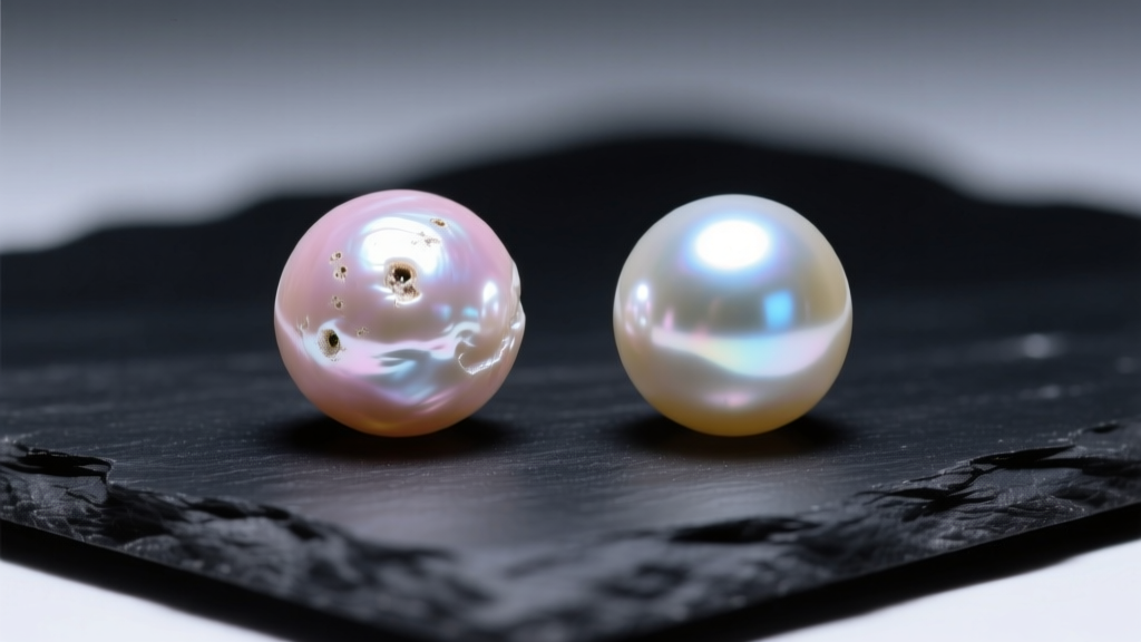 Macro photo of a blemished freshwater pearl beside a flawless AAA-grade Akoya pearl on black slate under bright studio lighting.