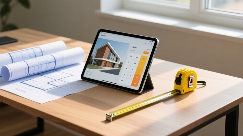 Tablet displaying building material cost calculator next to blueprints and a yellow tape measure on a wooden desk