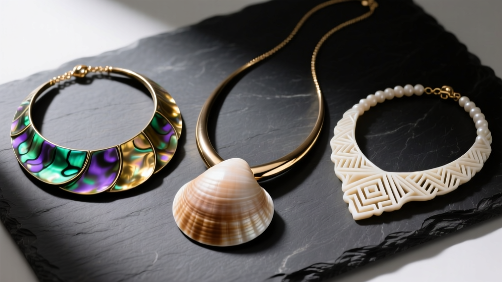 Flat-lay of three large shell necklaces made of iridescent abalone, matte puka, and carved mother of pearl on dark slate.