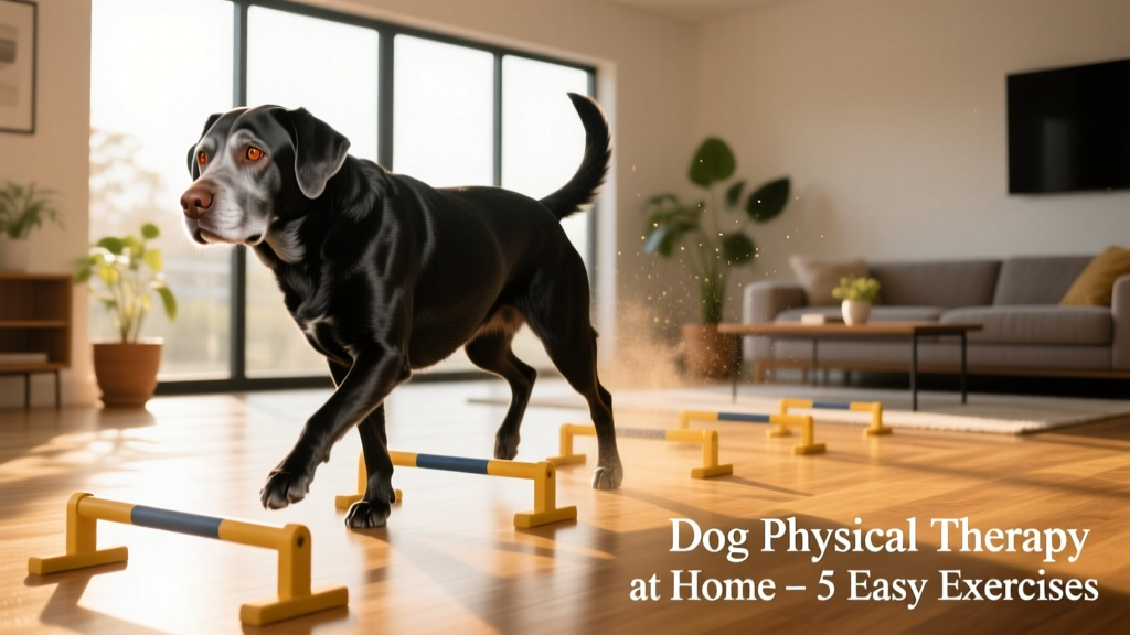 A senior Labrador confidently walking across a series of low Cavaletti rails in a sunlit living room