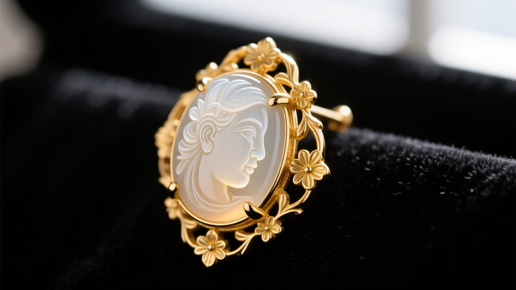 Macro photography of a vintage 14k yellow gold bezel setting holding a hand-carved white agate cameo earring against dark velvet