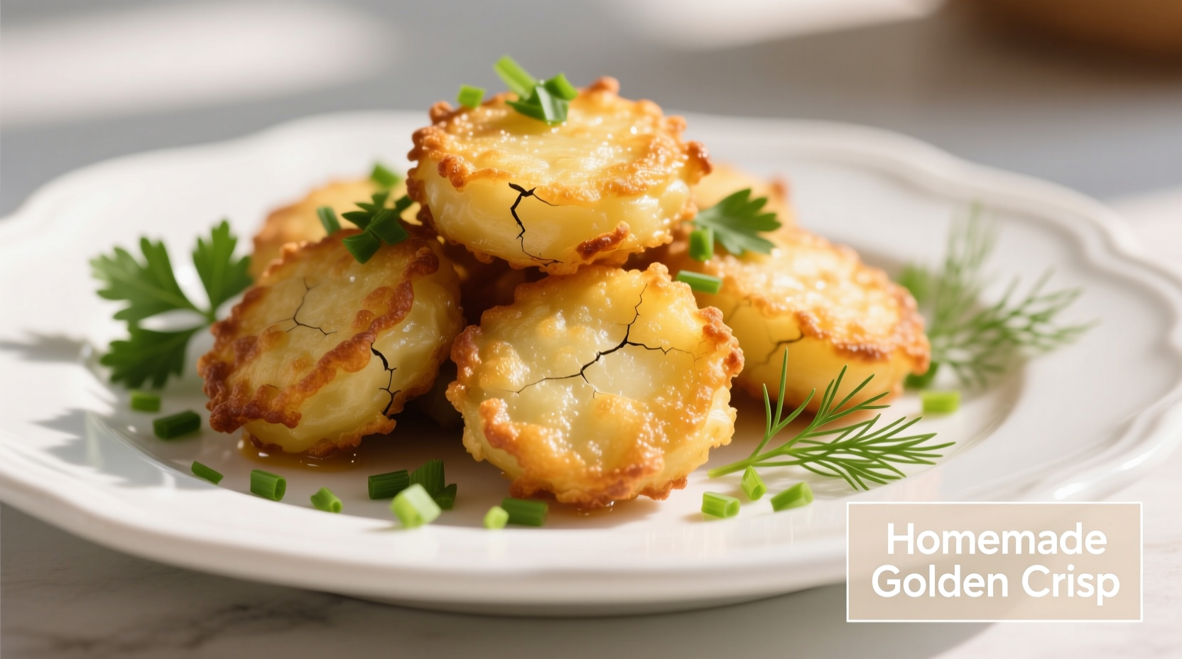 Golden potato fritters on a white plate with fresh herbs